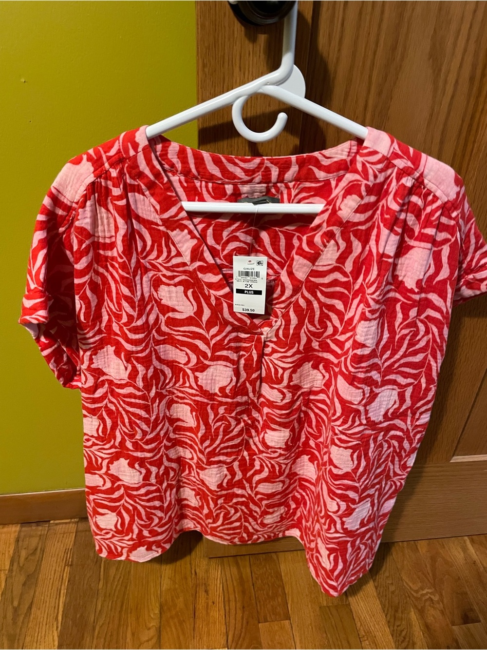 Style & Co. Plus Size Red & Light Pink Swirl V-Neck Top